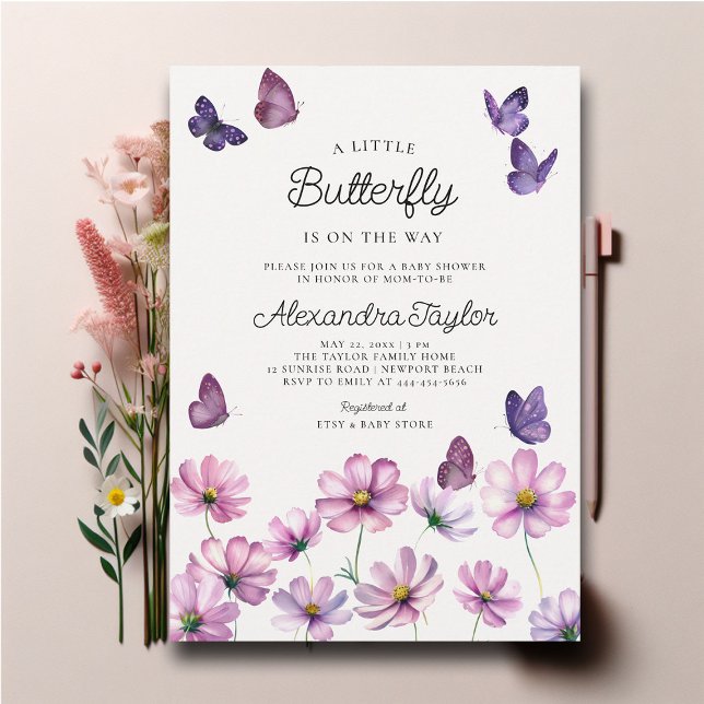 Invitation Petit Papillon Fleur sauvage rose bébé fille Douch (little butterfly baby girl shower invitation cottage garden watercolor purple wildflowers cute sweet)