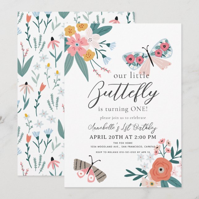 Invitation Petit Papillon Floral Girl 1er anniversaire (Devant / Derrière)