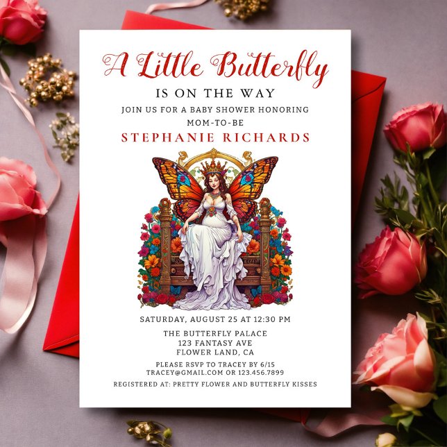 Invitation Petit Papillon Floral Rose Rouge Baby shower de la (Créateur téléchargé)