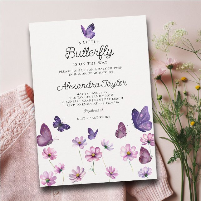Invitation Petit Papillon sauvage violet rose bébé fille Douc (little butterfly baby girl shower invitation cottage garden watercolor purple wildflowers adorable)
