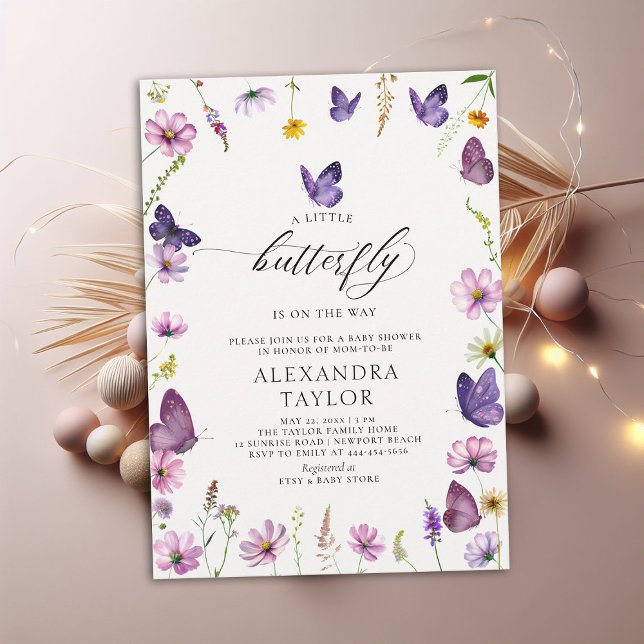 Invitation Petit Papillon sauvage violet rose bébé fille Douc (little butterfly baby girl shower invitation purple pink garden watercolor spring summer cottage)