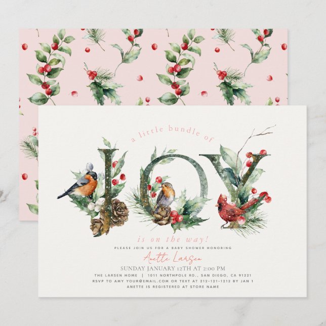 Invitation Petit paquet de Joy Birds Baby shower fille rose (Devant / Derrière)