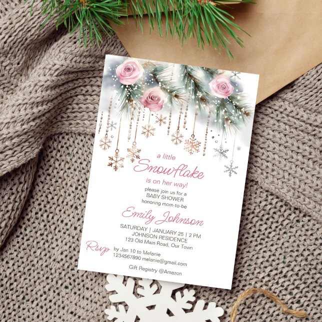 Invitation Petit pastel de baby shower d'hiver de flocon de n (Little snowflake winter baby shower template invitation digital download pastel blush roses pines)