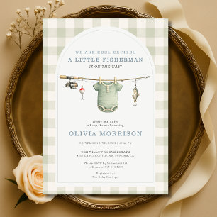 Invitation Petit pêcheur sage vert Baby Shower à carreaux