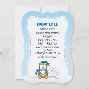 Invitation Petit pingouin assis avec des boules de neige