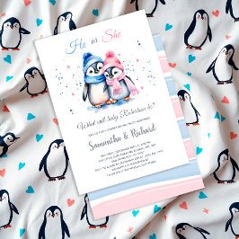 Invitation Petit pingouin mignon Révélation de genre hivernal