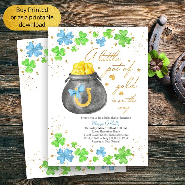 Invitation Petit Pot de Baby shower Shamrock bleu or (Boy Baby Shower Lucky Irish Themed Invitation)