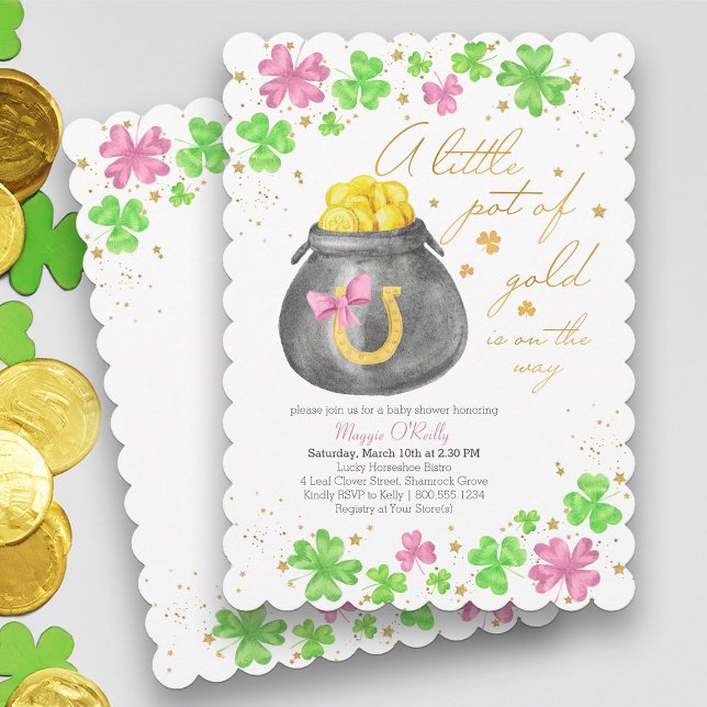 Invitation Petit Pot de Baby shower Shamrock vert rose or (Girl Baby Shower with Pink Shamrocks and St Patricks theme - available printed or printable download)