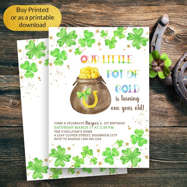 Invitation Petit Pot d'or Lucky Shamrock 1er anniversaire (Cute First Birthday St Patricks Themed Birthday Invitation)