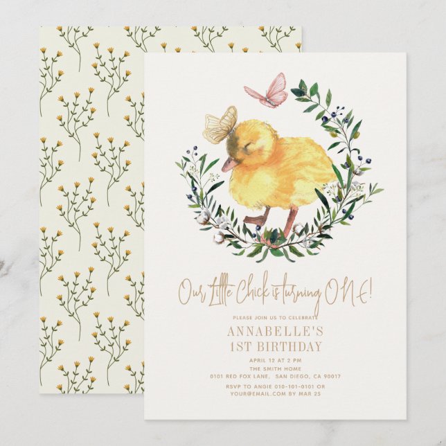 Invitation Petit poussin et papillon Wreath Girl 1er annivers (Devant / Derrière)