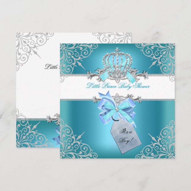 Invitation Petit Prince Baby shower Garçon Turquoise Couronne (Devant / Derrière)