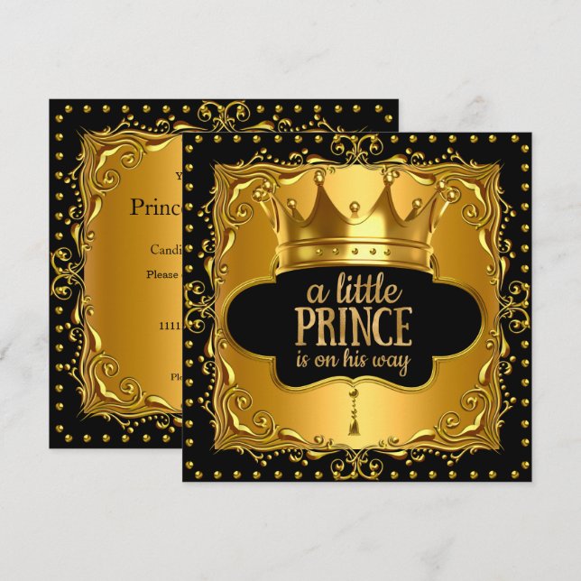Invitation Petit Prince Baby shower Gold Foil Couronne noir (Devant / Derrière)