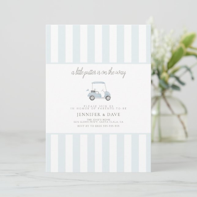 Invitation Petit putter de golf bleu sur le chemin (Debout devant)