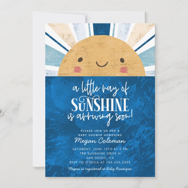 Invitation Petit Rayon Du Baby shower Bleu Soleil (Devant)