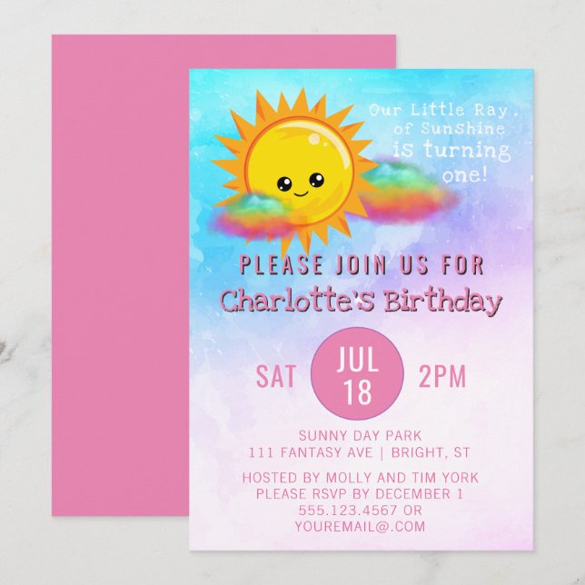 Invitation Petit rayon fête d'anniversaire de filles de (Devant / Derrière)