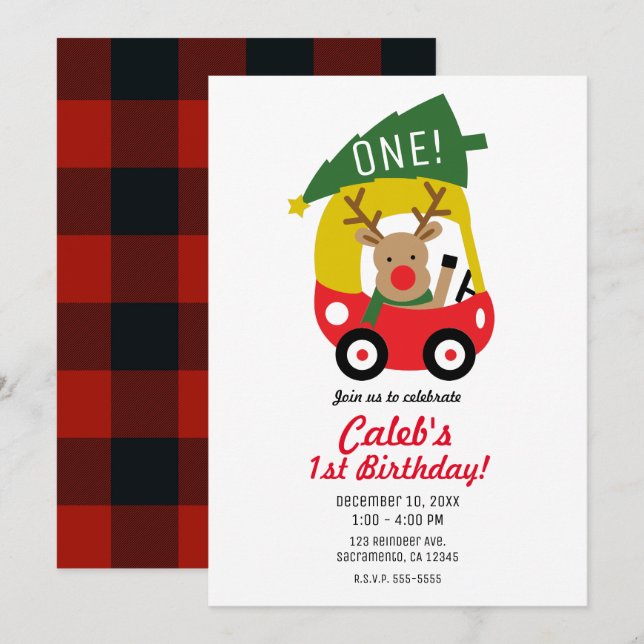 Invitation Petit Reindeer Rouge Voiture de Noël Arbre de Noël (Devant / Derrière)