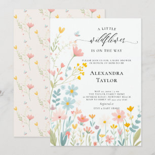 Invitation Petit Script Fleur sauvage Pastels Baby Girl Douch