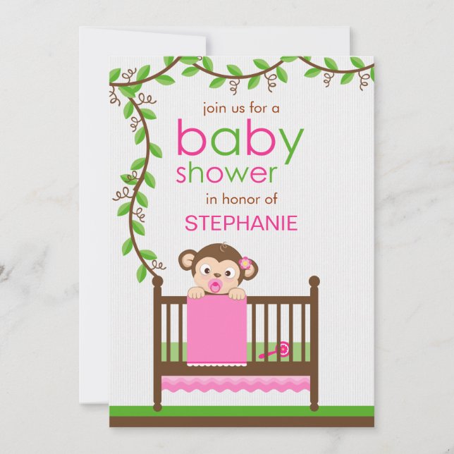 Invitation Petit singe dans un Baby shower de fille au lit d' (Devant)