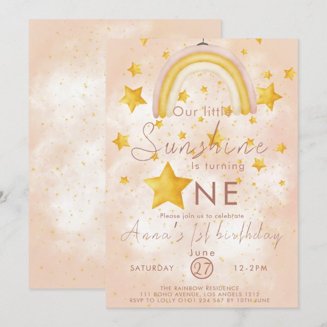 Invitation Petit Soleil Bohème Arc-en-ciel Étoile d'Or Annive (Devant / Derrière)