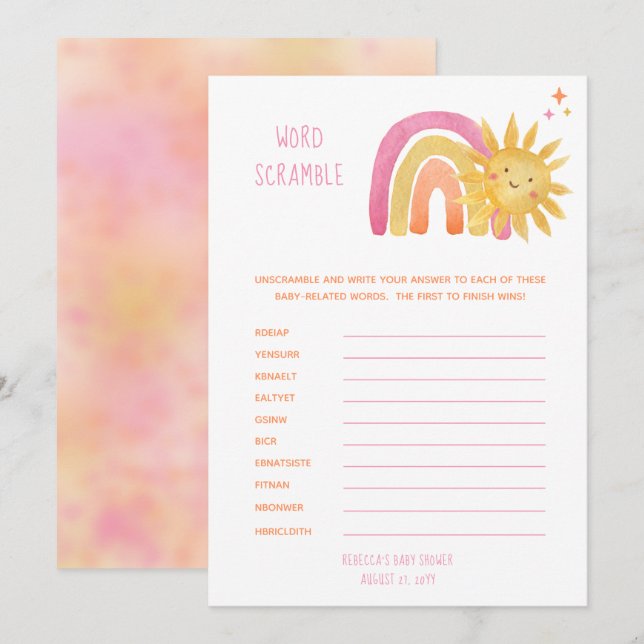 Invitation Petit Soleil |Rubrique de mots de Baby shower arc- (Devant / Derrière)