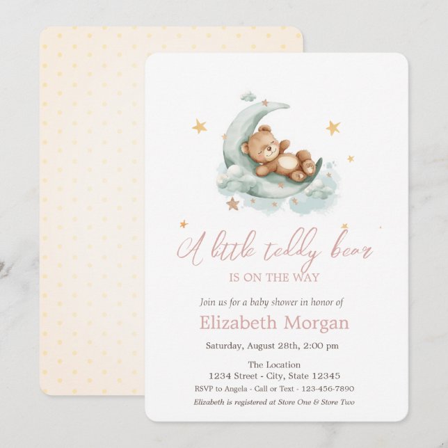 Invitation Petit Teddy Bear Lune Stars Baby shower (Devant / Derrière)