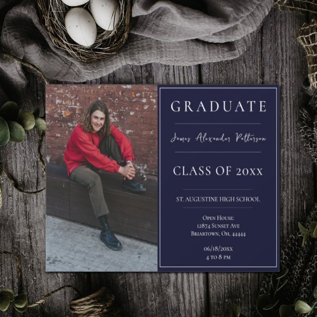 Invitation Petit vernissage photo Open House | Marine (Navy Blue Minimalist Photo Graduation Open House Invitation)