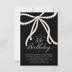 Invitation PETITE 55e Anniversaire Noir Blanc Perle Nœud