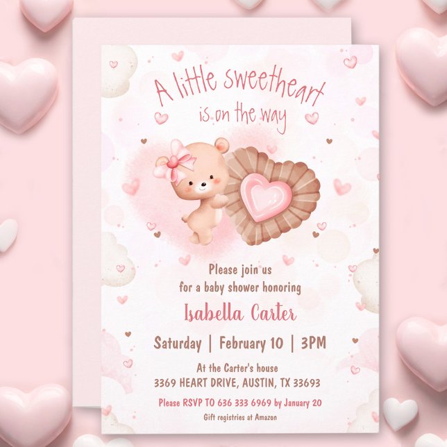 Invitation Petite adorable Valentines rose Baby shower fille (Little Sweetheart Pink Valentines Girl Baby Shower Invitation)