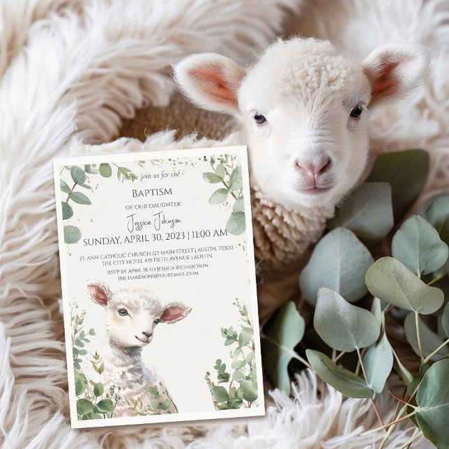 Invitation Petite agneau de bébé et Eucalyptus baptism Invita (Créateur téléchargé)