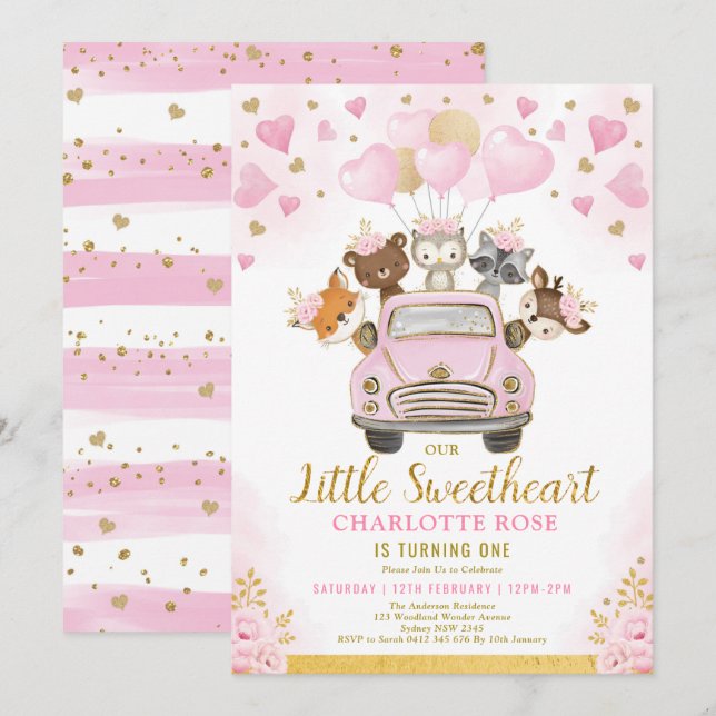 Invitation Petite amoureuse Bois Animaux Fille Anniversaire (Devant / Derrière)