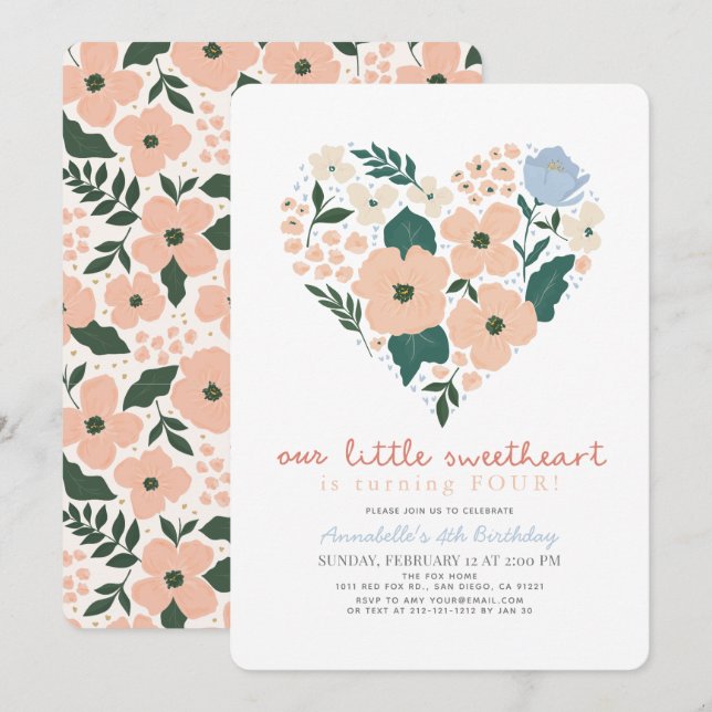 Invitation Petite amoureuse rose florale fille Anniversaire (Devant / Derrière)