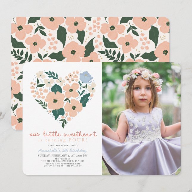 Invitation Petite amoureuse rose florale fille Anniversaire P (Devant / Derrière)