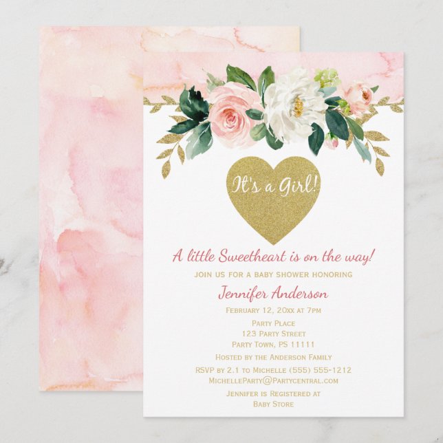 Invitation Petite amoureuse Valentine fille Baby shower rose (Devant / Derrière)