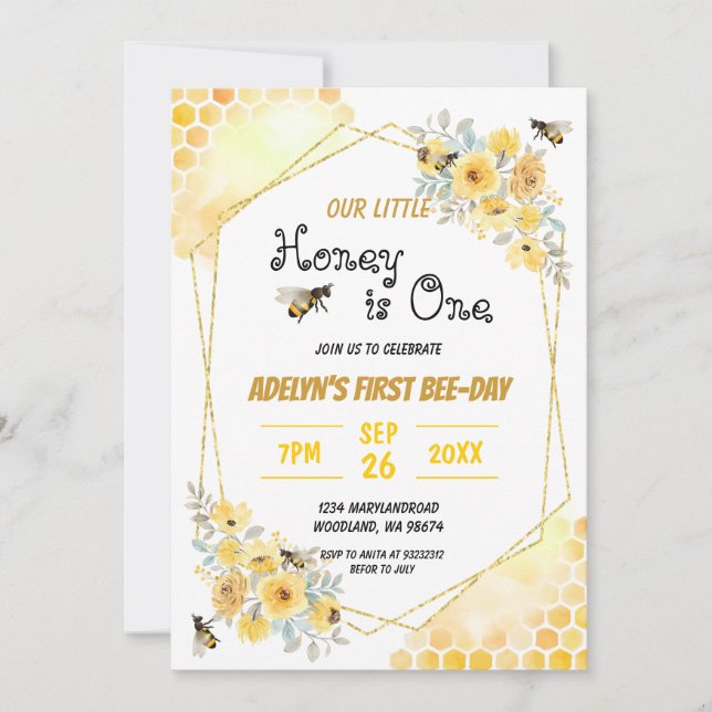 Invitation Petite Aquarelle Florale de Miel Abeille 1er Anniv (Devant)