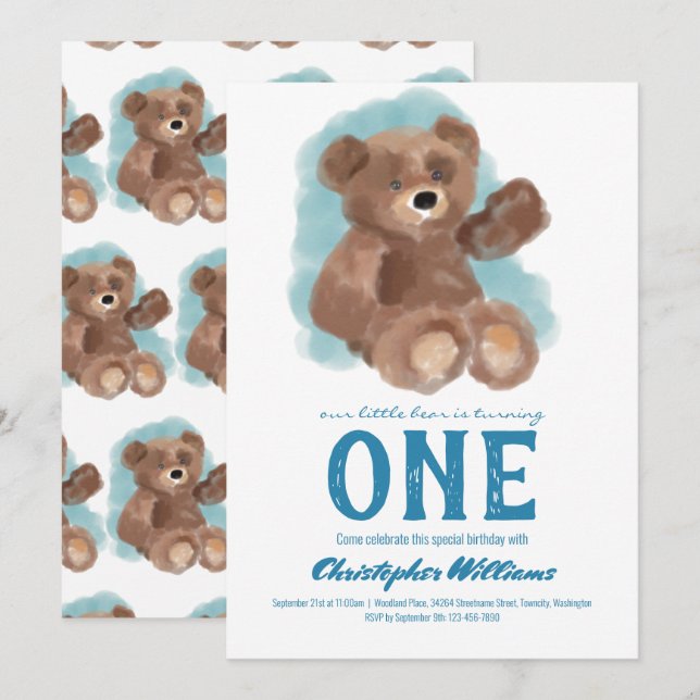 Invitation Petite aquarelle Ours mignon animal premier annive (Devant / Derrière)
