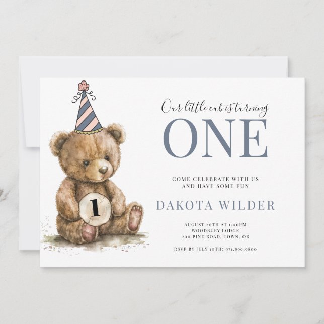 Invitation Petite aquarelle Teddy Ours Turin Un Anniversaire (Devant)