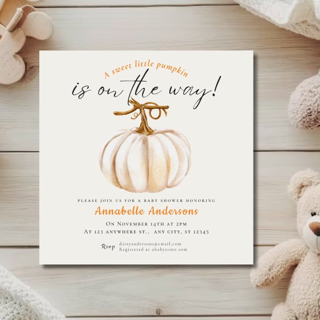 Invitation Petite Baby shower Citrouille aquarelle (Little Pumpkin watercolor Neutral Baby shower Invitation)