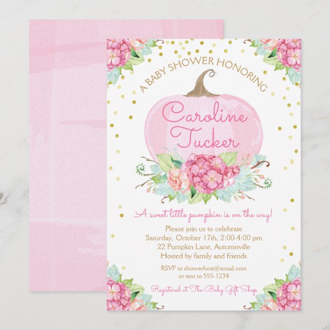 Invitation Petite Baby shower Citrouille Aquarelle rose Or (Devant / Derrière)