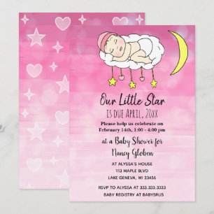 Invitation Petite bébé rose étoiles et lunes filles