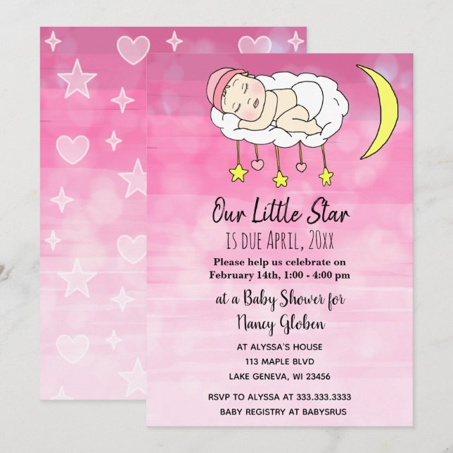 Invitation Petite bébé rose étoiles et lunes filles (Devant / Derrière)