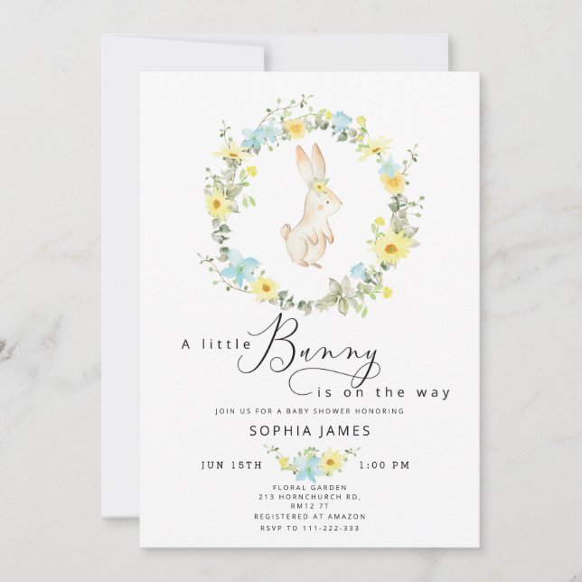Invitation Petite Bunny fleurs sauvages baby shower Invitatio (Devant)