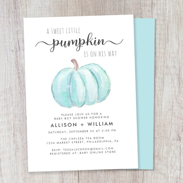 Invitation Petite Citrouille Aquarelle bébé garçon Couples Do (Celebrate the upcoming arrival of your autumn baby boy with a pumpkin-themed baby shower)