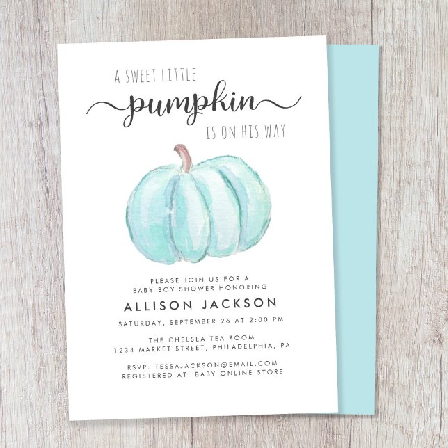 Invitation Petite Citrouille Aquarelle bébé garçon douche (Celebrate the upcoming arrival of your autumn baby boy with a pumpkin-themed baby shower)