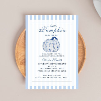 Invitation Petite Citrouille Automne Pastel Bleu Noeud Bébé F