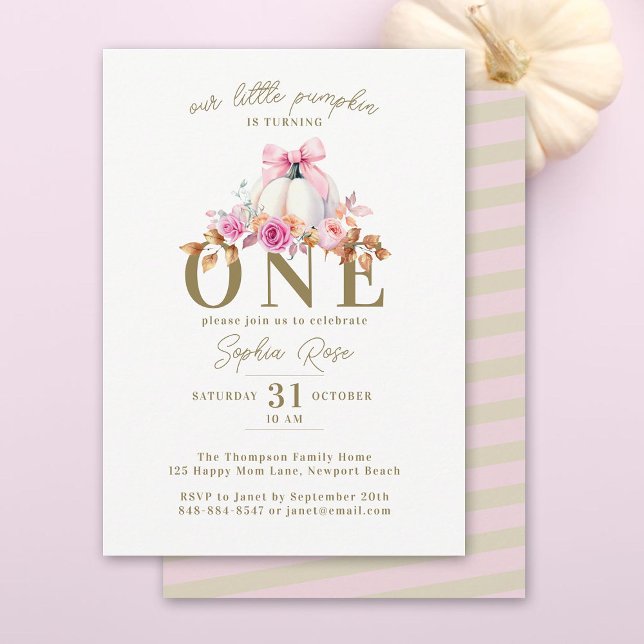 Invitation Petite Citrouille Bow Roses 1er Anniversaire Éléga (our pumpkin is turning one girl 1st birthday party invitation pink bow roses elegant floral boho)