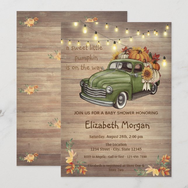 Invitation Petite citrouille, Camion de bois Baby shower de t (Devant / Derrière)