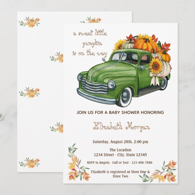 Invitation Petite citrouille, Camion tournesol Baby shower d' (Devant / Derrière)