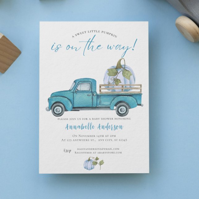 Invitation Petite Citrouille Couleur bleue Baby shower garçon (Little Pumpkin Blue watercolor Boy Baby Shower Invitation)