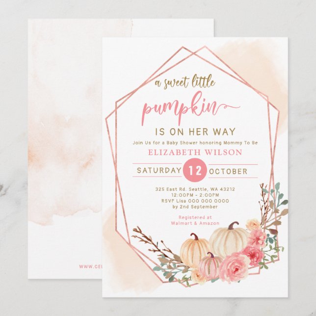 Invitation petite citrouille en chemin baby shower rose (Devant / Derrière)