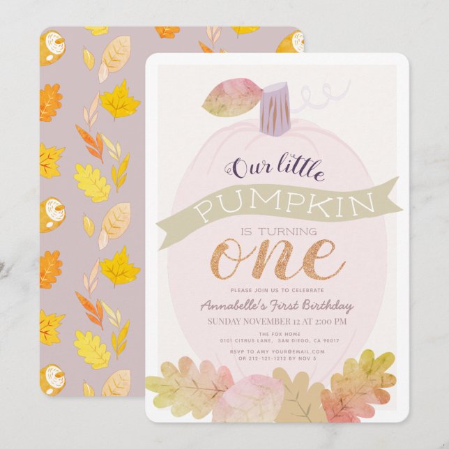 Invitation Petite Citrouille Lavender Rose fille 1er annivers (Devant / Derrière)